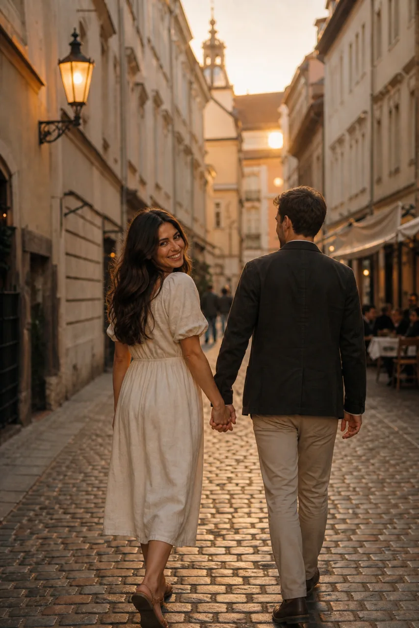 Anna and Max walking into the sunset